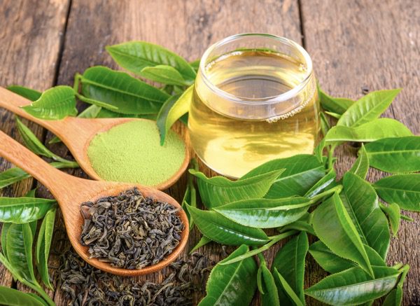 Green tea infusion and wooden spoons with green tea leaves and powder