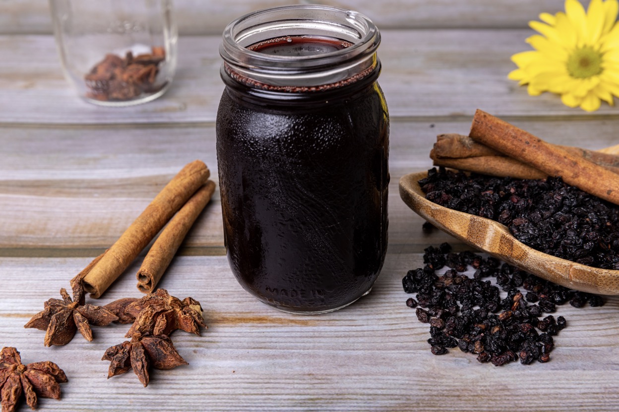Homemafe elderberry syrup in a bottle