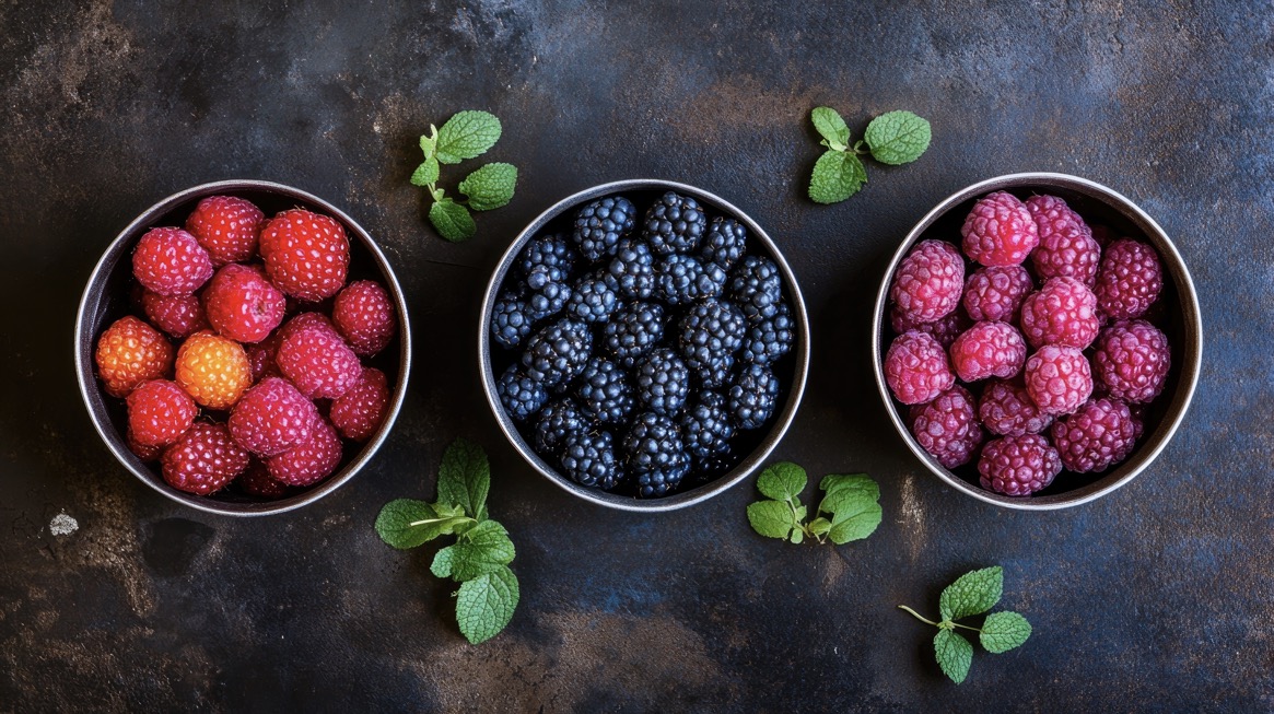 3 bowls of berries, blueberries raspberries and strawberries