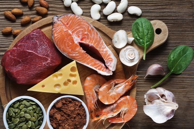 zinc rich foods including salmon, beef, prawns, nuts and seeds